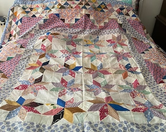 Antique Quilt Top 8 Pointed Star 1920s 68” X 76” Patchwork Hand Pieced