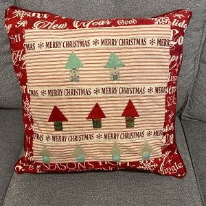 Merry Christmas Pillow Cover 20&quot; Hand Appliqued Trees Ticking Fabric NEW Christmas Gift