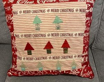 Merry Christmas Pillow Cover 20" Hand Appliqued Trees Ticking Fabric NEW Christmas Gift