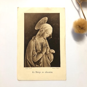 Ancien signet catholique de 1930 - souvenir de Première Communion  - Vierge Marie en Adoration - carte rétro française