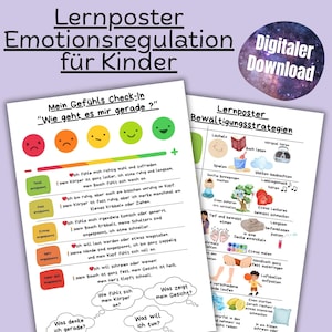 Op de afbeelding: Twee educatieve posters in het Duits voor kinderen over emotionele regulatie. Eén poster is een check-in met gezichtsuitdrukkingen en lichaamsgevoelens. De andere poster toont copingstrategieën. Digitale download wordt geadverteerd.