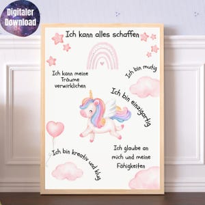 Póster infantil de afirmaciones, imagen de unicornio de amor propio, póster digital de unicornio, regalo de creencias positivas, decoración de pared para niños.