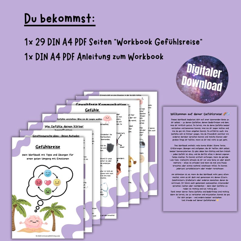 K&ouml;nnte beinhalten: Ein digitaler Download f&uuml;r ein Arbeitsbuch und eine Anleitung zur emotionalen Intelligenz. Das Arbeitsbuch tr&auml;gt den Titel "Gef&uuml;hlsreise" und zeigt ein Cartoon-Gehirn auf einer tropischen Insel. Die Anleitung tr&auml;gt den Titel "Willkommen auf deiner Gef&uuml;hlsreise" und enth&auml;lt Text zur emotionalen Intelligenz.