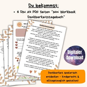 May include: A digital download of a gratitude journal workbook. The pages have a floral design and include prompts for daily reflection. The cover features the text "Digital Download" and "Gratitude playfully discover - child-friendly & everyday design!"
