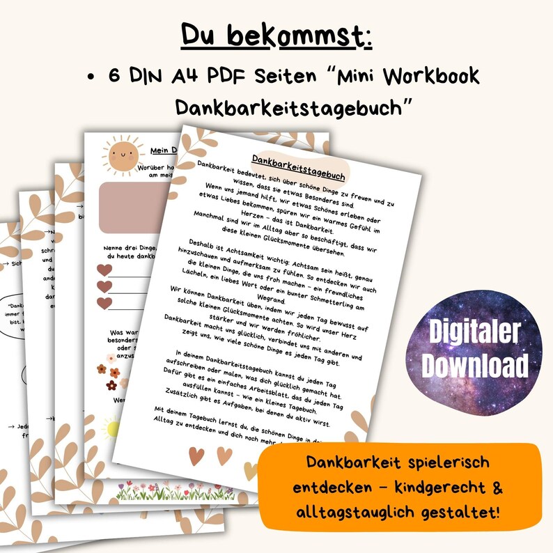May include: A digital download of a gratitude journal workbook. The pages have a floral design and include prompts for daily reflection. The cover features the text "Digital Download" and "Gratitude playfully discover - child-friendly & everyday design!"
