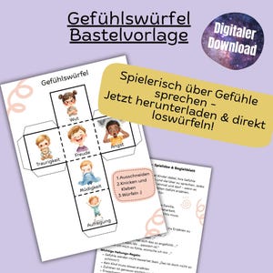 May include: A printable paper craft featuring a cube with illustrations of different emotions, including anger, joy, and sadness. The text on the cube reads "Gefühlswürfel" and "Digital Download". A yellow banner says "Spielerisch über Gefühle sprechen - Jetzt herunterladen & direkt loswürfeln!"