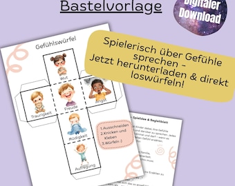 Gefühlswürfel Kinder Bastelvorlage zum Ausdrucken, Achtsamkeit, Emotionen erkennen, Lernspiel Druckvorlage A4 digitaler Download PDF