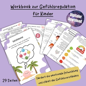 Peut inclure: Un cahier d'exercices pour enfants intitulé "Workbook zur Gefühlsregulation für Kinder" avec une illustration colorée d'un cerveau sur une plage. Le cahier d'exercices est conçu pour aider les enfants à apprendre à connaître et à gérer leurs émotions. Le texte sur la couverture indique également "Digitaler Download" et "29 Seiten".