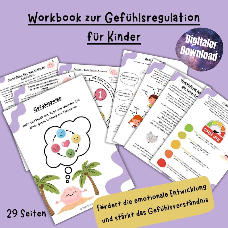 K&ouml;nnte beinhalten: Ein Arbeitsbuch f&uuml;r Kinder mit dem Titel "Workbook zur Gef&uuml;hlsregulation f&uuml;r Kinder" mit einer bunten Illustration eines Gehirns am Strand. Das Arbeitsbuch soll Kindern helfen, ihre Emotionen kennenzulernen und zu bew&auml;ltigen. Der Text auf dem Cover lautet au&szlig;erdem "Digitaler Download" und "29 Seiten".