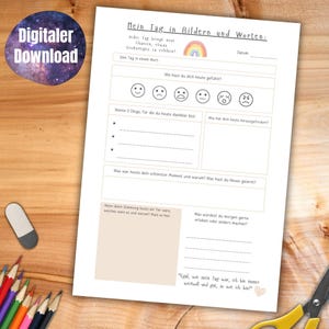 Peut inclure: Une feuille de travail imprimable en allemand pour r&eacute;fl&eacute;chir &agrave; votre journ&eacute;e. La feuille de travail comprend des sections pour d&eacute;crire votre journ&eacute;e en mots et en images, y compris comment vous vous &ecirc;tes senti, ce pour quoi vous &ecirc;tes reconnaissant, ce qui vous a mis au d&eacute;fi, votre moment pr&eacute;f&eacute;r&eacute; et ce que vous avez appris. La feuille de travail comprend &eacute;galement une section pour d&eacute;crire votre humeur comme un animal et ce que vous aimeriez vivre demain. La feuille de travail est d&eacute;cor&eacute;e d'un arc-en-ciel.