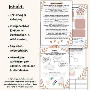 May include: A gratitude journal in beige and brown tones, featuring text, illustrations, and daily prompts. The cover displays the title "Dankbarkeitstagebuch". The journal encourages reflection and mindfulness.