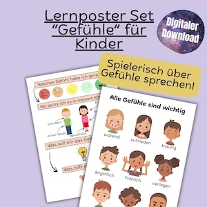 Learning poster set on feelings for children, printable PDF; mindfulness posters for children, A1-A6, digital download, for children&#39;s rooms; therapy posters in German
