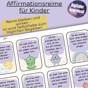 Könnte beinhalten: Ein Set Affirmationskarten für Kinder mit farbenfrohen Illustrationen von freundlichen Monstern und Regenbogen. Die Karten enthalten positive Affirmationen auf Deutsch, mit dem Wort "Digitaler Download".