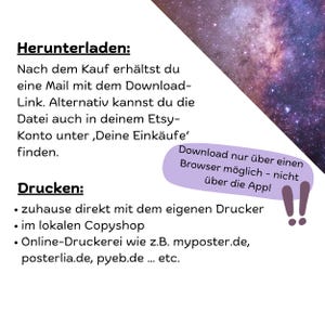 May include: Image with German text detailing how to download and print digital files. The text explains how to access the file after purchase and provides options for printing at home or via online services.