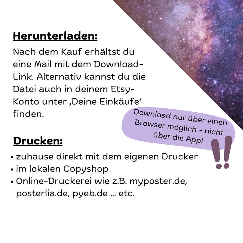 May include: Image with German text detailing how to download and print digital files. The text explains how to access the file after purchase and provides options for printing at home or via online services.