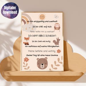 Póster infantil con afirmaciones, póster bohemio para habitación infantil, póster infantil con oso, imagen infantil con búho, decoración infantil, atención plena, autoconfianza, amor propio, regalo.