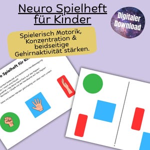 Puede incluir: Descarga digital de un libro de actividades para niños titulado "Neuro Spielheft für Kinder". El libro presenta formas coloridas e ilustraciones de gestos con las manos, diseñadas para mejorar las habilidades motoras y la concentración.