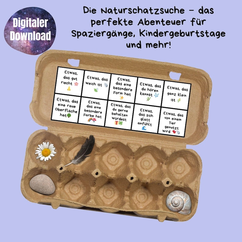 May include: A brown cardboard egg carton with 12 compartments. Each compartment has a white card with a different nature-themed word and icon. The carton is open and there are objects in some of the compartments, including a feather, a rock, and a snail shell.