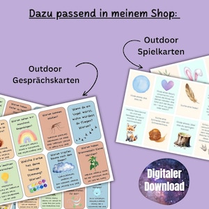 May include: A set of colorful conversation cards with illustrations and text in German. The cards feature questions about nature and outdoor activities. The text on the cards includes phrases like "Warum haben K&auml;fer so harte Fl&uuml;gel?" and "Welche Farbe hat deine heutige Stimmung?"  The cards are labeled "Outdoor Gespr&auml;chskarten".