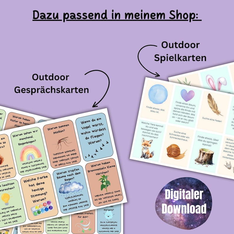 May include: A set of colorful conversation cards with illustrations and text in German. The cards feature questions about nature and outdoor activities. The text on the cards includes phrases like "Warum haben K&auml;fer so harte Fl&uuml;gel?" and "Welche Farbe hat deine heutige Stimmung?"  The cards are labeled "Outdoor Gespr&auml;chskarten".