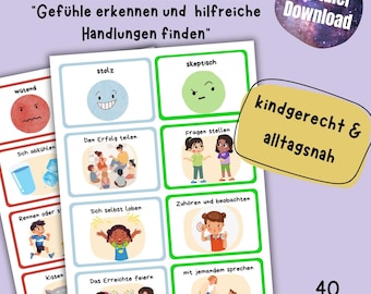 May include: A set of illustrated cards with German text, depicting emotions and actions. The cards show images of faces expressing feelings like anger and pride, alongside actions such as "asking questions" and "sharing success." The text "Digital Download" is visible.