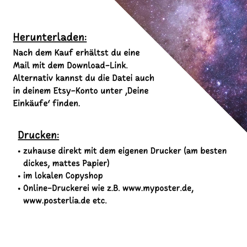 Peut inclure: Instructions sur la fa&ccedil;on de t&eacute;l&eacute;charger et d'imprimer un achat num&eacute;rique sur Etsy. Le texte dit "Herunterladen: Nach dem Kauf erh&auml;ltst du eine Mail mit dem Download-Link. Alternativ kannst du die Datei auch in deinem Etsy-Konto unter, Deine Eink&auml;ufe' finden. Drucken: &bull; zuhause direkt mit dem eigenen Drucker (am besten dickes, mattes Papier) &bull; im lokalen Copyshop &bull; Online-Druckerei wie z.B. www.myposter.de, www.posterlia.de etc."