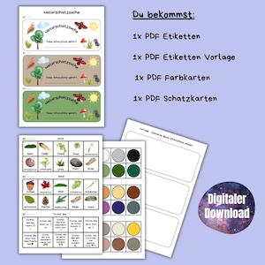 May include: A printable set of nature scavenger hunt cards for kids. The cards feature colorful illustrations of nature items like acorns, leaves, and feathers. The set includes labels, a template, color cards, and treasure maps.