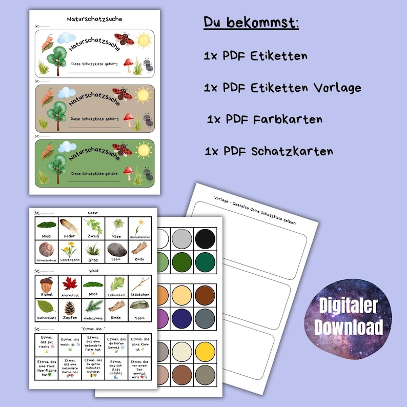 May include: A printable set of nature scavenger hunt cards for kids. The cards feature colorful illustrations of nature items like acorns, leaves, and feathers. The set includes labels, a template, color cards, and treasure maps.