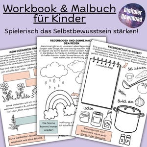 Könnte beinhalten: Ein Arbeitsbuch und Malbuch für Kinder mit dem Text "Digitaler Download" in einem lila Kreis. Die Seiten zeigen Illustrationen von Blumen, Regenbogen und Rezepten mit deutschem Text und Aufforderungen zur Förderung des Selbstwertgefühls.