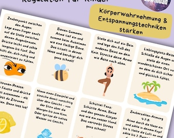 Flashcards for children: Nervous system regulation, mindfulness, emotion regulation, vagus nerve exercises, coping skills, therapy, coaching (PDF printable)