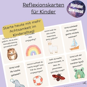 Reflectiekaartjes voor kinderen (PDF om te printen), gesprekskaartjes voor kinderen (digitale download, A4). Mindfulness-emotiekaartjes voor kinderen (printbaar sjabloon).