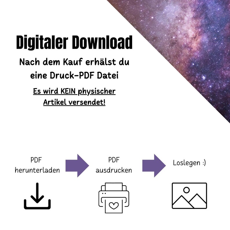 K&ouml;nnte beinhalten: Eine Grafik f&uuml;r digitalen Download mit einem violetten Hintergrund und wei&szlig;em Text. Der Text lautet "Digitaler Download" und "Nach dem Kauf erh&auml;lst du eine Druck-PDF Datei. Es wird KEIN physischer Artikel versendet!" Die Grafik zeigt auch drei Schritte: PDF herunterladen, PDF drucken und PDF ansehen.