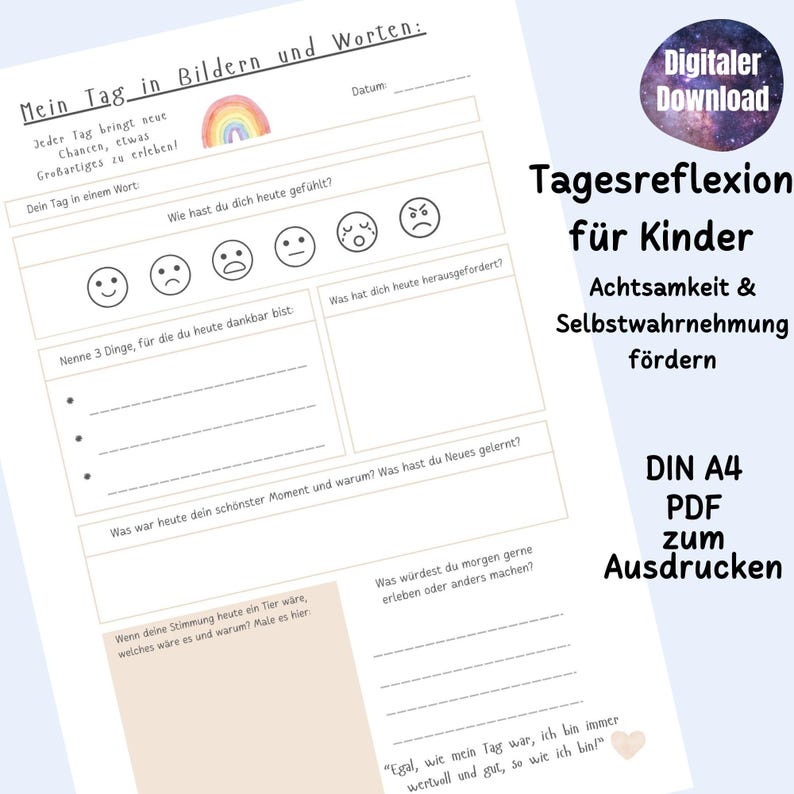 Fiche d'auto-réflexion pour enfants, journal intime pour enfants (PDF), journal de gratitude pour enfants, journal de pleine conscience, journal des émotions (à imprimer). image 1
