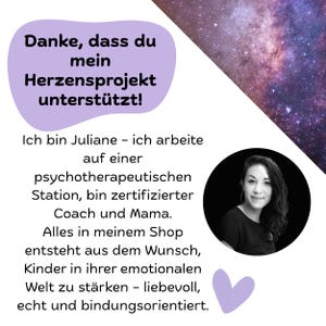 May include: A graphic with German text, including "Danke, dass du mein Herzensprojekt unterst&uuml;tzt!" and a photo of a woman. The text describes the shop's mission to support children's emotional well-being.