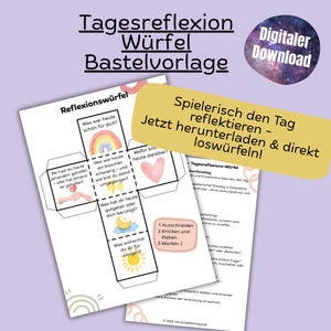 Może przedstawiać: Cyfrowe pobieranie przedstawiające papierową kostkę refleksyjną z pytaniami do codziennej refleksji. Projekt kostki zawiera ilustracje tęczy, serca, księżyca i słońca. Tekst na kostce zawiera pytania takie jak "Co było dla ciebie dzisiaj piękne?"