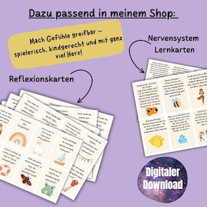 K&ouml;nnte beinhalten: Zwei Sets mit bunten Karten mit Illustrationen und Text auf Deutsch. Das erste Set ist mit "Reflexionskarten" betitelt und das zweite Set mit "Nervensystem Lernkarten". Beide Sets sind als digitaler Download zum Kauf erh&auml;ltlich.