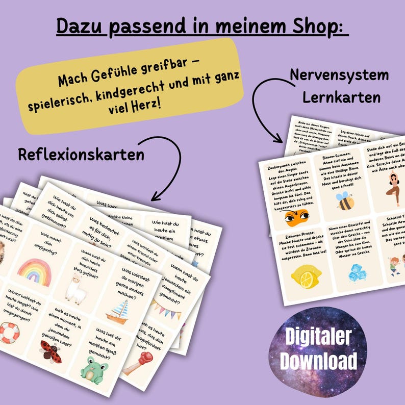 K&ouml;nnte beinhalten: Zwei Sets mit bunten Karten mit Illustrationen und Text auf Deutsch. Das erste Set ist mit "Reflexionskarten" betitelt und das zweite Set mit "Nervensystem Lernkarten". Beide Sets sind als digitaler Download zum Kauf erh&auml;ltlich.