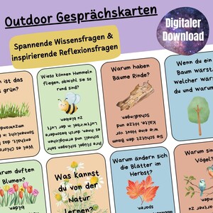 Conversatiekaarten voor kinderen, kaartspel voor buiten, spel voor buiten voor kinderen, kinderquiz, leerkaarten voor het bos, mindfulness voor kinderen, PDF voor kinderen, leerspel