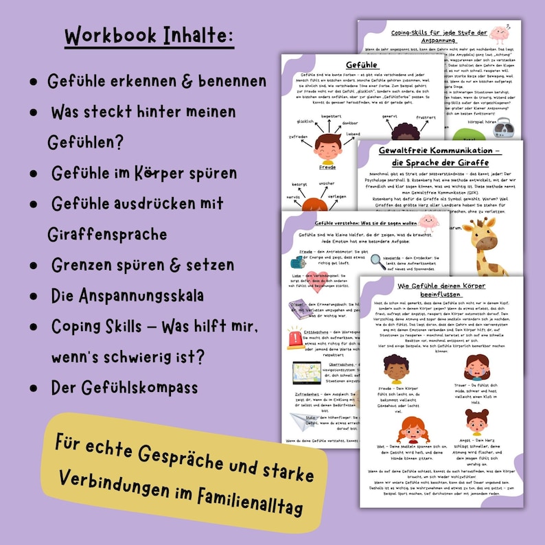 K&ouml;nnte beinhalten: Ein farbenfrohes Arbeitsbuch mit dem Titel "Workbook Inhalte" und einer Liste von Themen rund um Gef&uuml;hle und Emotionen. Die Themen beinhalten "Gef&uuml;hle erkennen und benennen", "Was steckt hinter meinen Gef&uuml;hlen?", "Gef&uuml;hle im K&ouml;rper sp&uuml;ren", "Gef&uuml;hle mit Giraffensprache ausdr&uuml;cken", "Grenzen sp&uuml;ren und setzen", "Die Spannungsskala", "Bew&auml;ltigungsstrategien - Was hilft, wenn es schwierig ist?" und "Der Gef&uuml;hlskompass". Das Arbeitsbuch ist f&uuml;r Familien konzipiert und enth&auml;lt den Satz "F&uuml;r echte Gespr&auml;che und starke Verbindungen im Familienalltag".