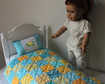 Handmade Doll Quilt for Sale, Fits American Girl, Patchwork Quilt, Kids Birthday Gift Under 40, Doll Blanket Bedding, Yellow Blue Doll Quilt