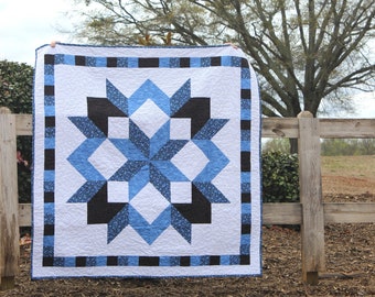 Handmade Star Quilt, 62x62 Quilt, Cozy Quilted Throw Black Blue, New Home Gift, Unique Wedding Gift, Farmhouse Star Quilt for Sale, Gift for