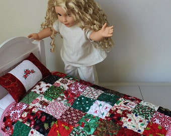 CHRISTMAS Handmade Doll Quilt and Pillow, Quilts for Sale, Doll Bedding, American Girl Size, Home Decor for Dolls, Decorating for Christmas