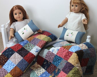 Handmade Patchwork Doll Quilt Pillow, Old Fashioned Bedding, American Girl Size, Quilts for Bunk Beds, Calico Quilt for Doll Bed, Pioneer