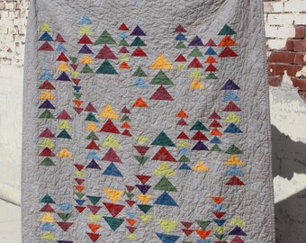 Handmade Quilt, 56x65 Modern Quilt, Gender Neutral Quilt, Unique Wedding Gift, Gift for Mom or Dad, Flying Geese Quilt, Functional Art Quilt