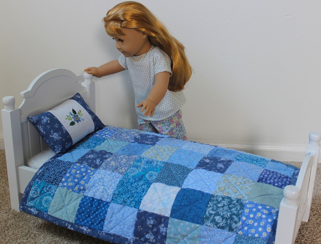 Blue Doll Quilt and Pillow Set, Handmade Patchwork Doll Quilt, American Girl Size Bed Quilt