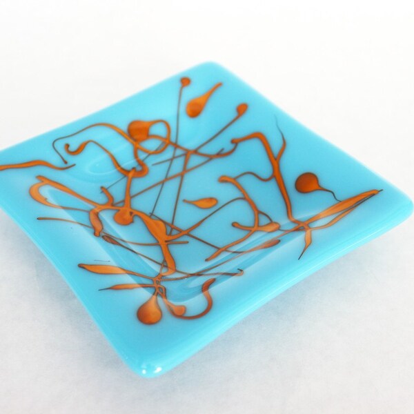 FUSED GLASS DISH - Square Turquoise Orange Fused Glass Dish, Glass Soap Dish, Ring Dish, Jewelry Dish, Fused Glass Dish, Wedding Ring Dish