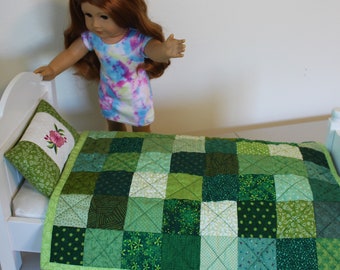 Handmade Doll Quilt for Sale, Green Doll Bedding, American Girl Size Bedding, Doll Blanket, Green Patchwork Quilt for Dolls, Birthday Gift