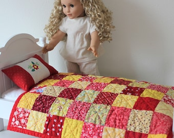 Handmade Patchwork Doll Quilt and Pillow Set, Doll Quilt for Sale, Blanket for Doll Bed, Fits American Girl, Red Yellow Quilt, Birthday Gift