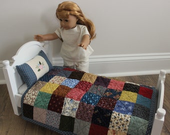 Handmade Doll Quilt Pillow Set, Old Fashioned Bedding, Fits American Girl, Calico Quilt for Doll Bed, Quilt and Pillow, Toy Quilt for Dolls