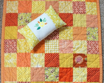 Handmade Doll Quilt for Sale, Orange Yellow Quilt, Fits American Girl, Patchwork Doll Quilt, Bedding, Fun Birthday Gift, Spring Summer Quilt